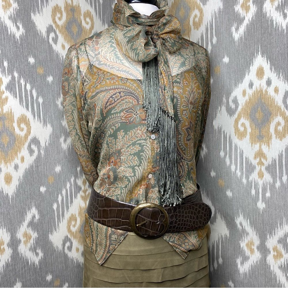 Ralph Lauren Black Label Olive Goat Suede Ruffle Pencil Skirt